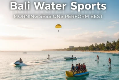 A vibrant seaside scene with people enjoying water sports in Bali. Activities include parasailing, jet skiing, and banana boat rides under a clear morning sky.