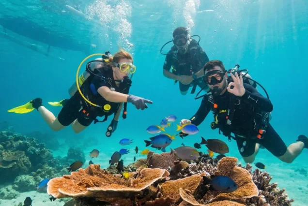 Three scuba divers explore a vibrant coral reef, surrounded by colorful fish in clear blue water. One diver gesture "OK" with a relaxed demeanor.