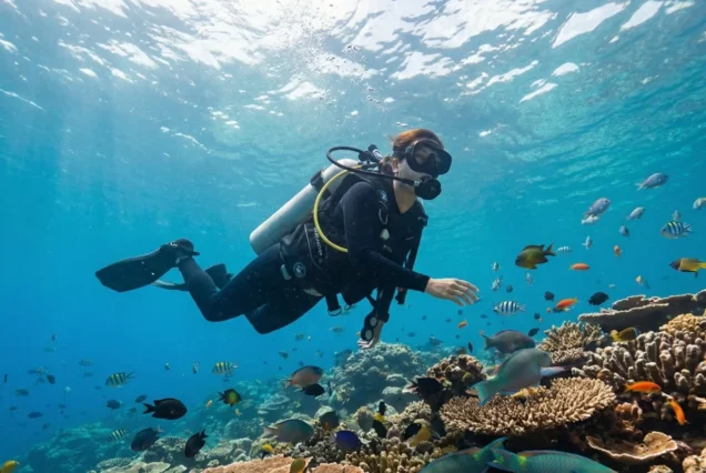 A scuba diver swims over vibrant coral reefs surrounded by colorful fish in clear blue water. The scene conveys a sense of tranquility and exploration.