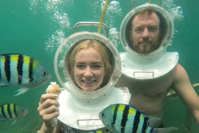 School of colorful tropical fish swimming near a tourist during a Bali Sea Walker session.