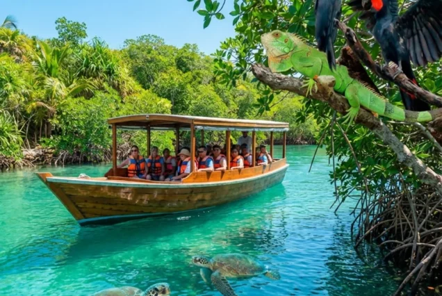 A boat with tourists passing by mangrove point