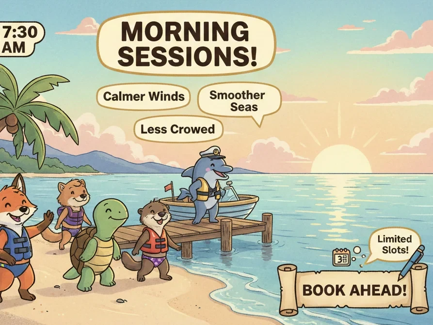 mid-morning sessions generally offer calmer winds, smoother sea conditions