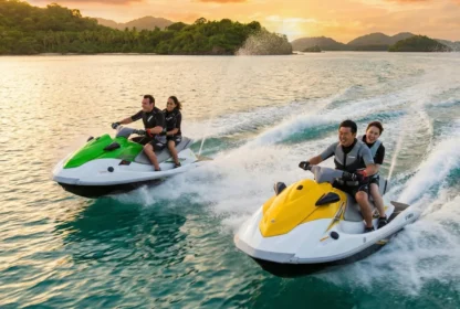 Guided jet ski tour in Bali at sunset featuring yellow and green jet skis on turquoise water.