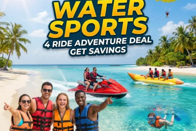 Smiling group in life vests on sandy beach, clear blue sea with jet ski, banana boat, snorkeling, and parasailing. Text: "Bali Water Sports Adventure Deal."