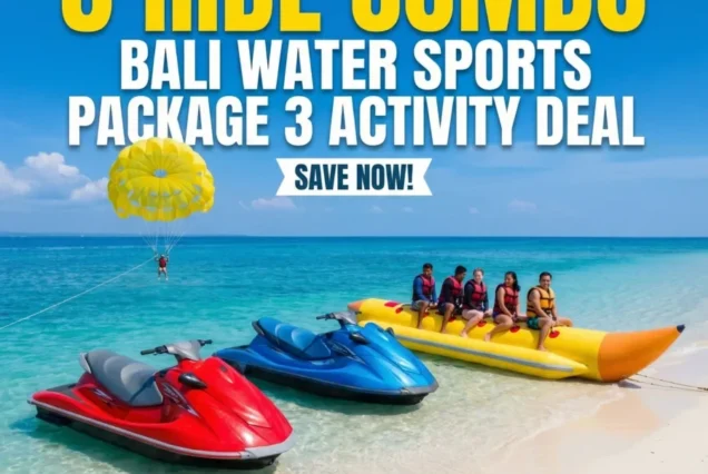 Bali Water Sports promotion with blue skies and clear ocean. Two jet skis on sand; group on banana boat; parasailing in distance. Text: '3 Ride Combo – Bali Water Sports Package 3 Activity Deal. Save Now!