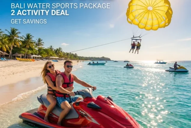 Couple enjoys a jet ski ride near a sunny beach, with others parasailing under a yellow parachute. Palm trees line the shore. Text promotes a Bali water sports package.