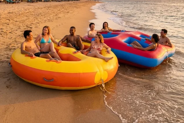 Seven people laughing and relaxing on large inflatable rafts at the beach during sunset. The vibrant rafts are yellow and orange, and red and blue.
