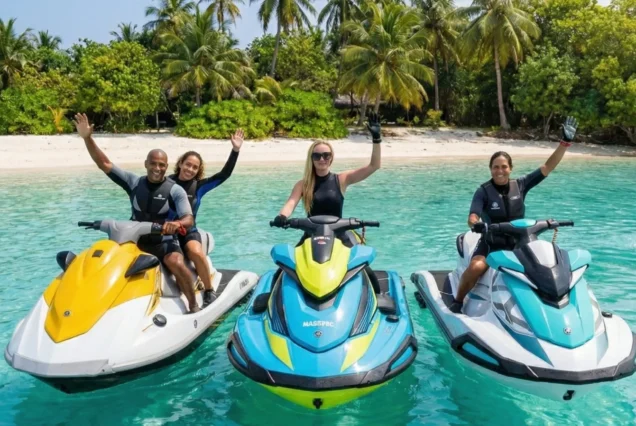 Group of riders on Jet Ski personal watercraft enjoying a tropical Bali Fun Jet Ski Experience