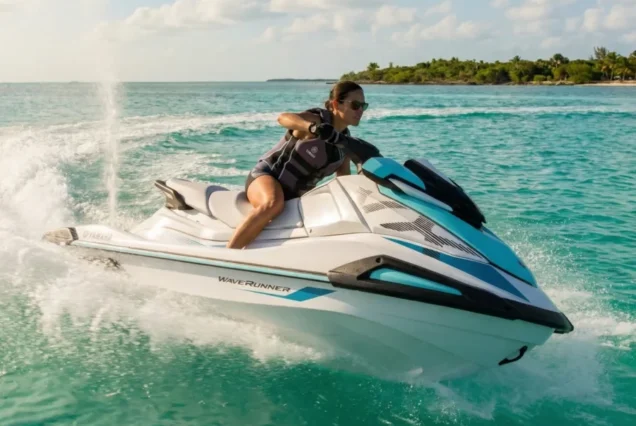 woman riding a white Yamaha WaveRunner VX1050 through turquoise water with a tropical island in the distance.
