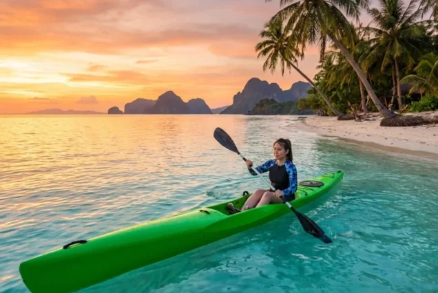 A person surf-ski on clear turquoise water near a tropical beach at sunset. Palm trees line the shore, with distant mountains under a vibrant sky.
